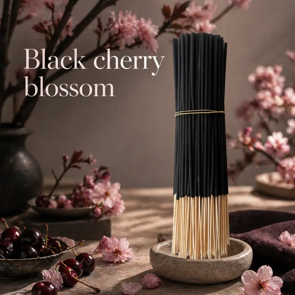 Black Cherry Blossom incense sticks burning - sweet floral aroma for relaxation